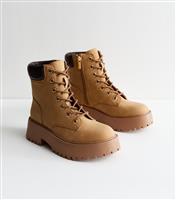 Women's Tan Leather Look Lace Up Ankle Boots Vegan New Look