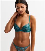 Women's Dark Green Metallic Floral Embroidered Push Up Bra New Look