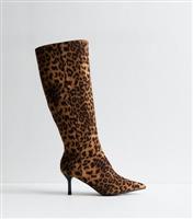 Women's Stone Leopard Print Knee High Boots Vegan New Look