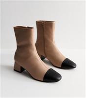 Women's Camel Leather Look Contrast Toecap Ankle Boots Vegan New Look