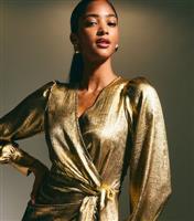 Women's Gold Foil Long Sleeve Wrap Midi Dress New Look