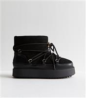 Women's Black Suedette Faux Fur Lined Lace Up Boots Vegan New Look