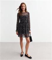 Women's Black Polka Dot Mesh Long Sleeve Mini Smock Dress New Look