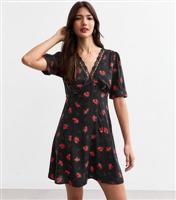 Women's Black Floral Print Lace Trim Mini Tea Dress New Look