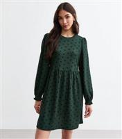 Women's Green Polka Dot Crinkled Long Sleeve Mini Smock Dress New Look