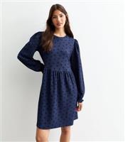 Women's Blue Polka Dot Long Sleeve Mini Smock Dress New Look