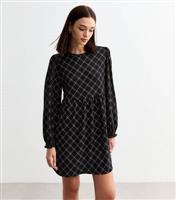 Women's Black Checked Crinkled Long Sleeve Mini Smock Dress New Look