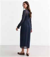 Women's Navy Mesh Long Sleeve Midi Smock Dress New Look