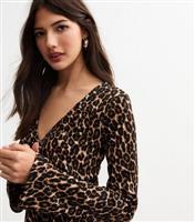 Women's Brown Leopard Print Flared Sleeve Mini Dress New Look