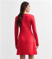 Women's Red Scoop Neck Long Sleeve Rose Mini Dress New Look