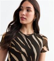 Women's Black Tiger Print Mesh Short Sleeve Midi Dress New Look