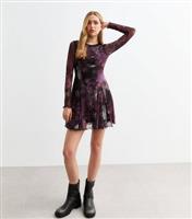 Women's Purple Abstract Print Mesh Mini Skater Dress New Look