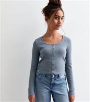 Girls' Blue Ribbed Jersey Long Sleeve Top New Look
