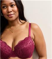 Women's Plus Size Burgundy Lace Plunge Bra Curves New Look