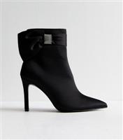 Women's Black Satin Bow Embellished Stiletto Heel Ankle Boots Vegan New Look
