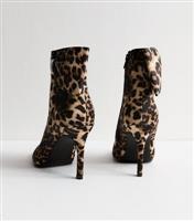 Women's Brown Leopard Satin Bow Embellished Stiletto Heel Ankle Boots Vegan New Look