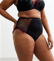 Women's Plus Size Black Floral Embroidered High Waisted Brazilian Briefs Curves New Look