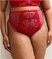Women's Plus Size Red Floral Embroidered Lace High Waist Thong Curves New Look
