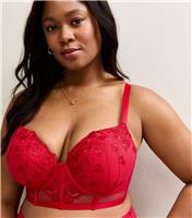 Women's Plus Size Red Floral Embroidered Lace Plunge Bra Curves New Look