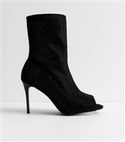 Women's Wide Fit Black Embellished Peep Toe Ankle Boots Vegan New Look