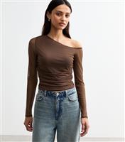 Women's Brown Ruched Mesh One Shoulder Long Sleeve Crop Top New Look