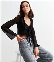 Women's Black Ruffle Trim Tie Front Top New Look