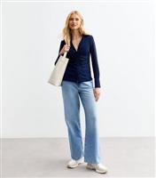 Women's Navy Ruched Mesh V-Neck Shirt New Look