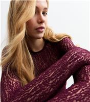 Women's Burgundy Mesh Stretch Long Sleeve Bodysuit New Look