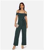 Women's Green Metallic Detail Bardot Belted Wide Leg Jumpsuit Yumi New Look