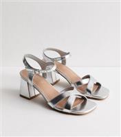 Women's Silver Crossover Strap Block Heel Sandals Vegan New Look
