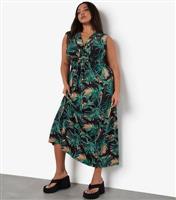 Women's Curve Black Palm Leaf Print Midi Dress Apricot New Look