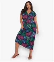 Women's Curve Navy Tropical Print Midi Wrap Dress Apricot New Look