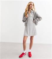 Women's Grey Polo Collar Striped Ribbed Jersey Dress New Look