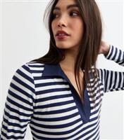 Women's Blue Polo Collar Striped Ribbed Jersey Dress New Look