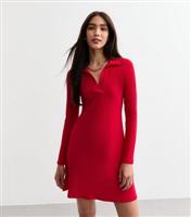 Women's Red Ribbed Jersey Long Sleeve Mini Skater Dress New Look