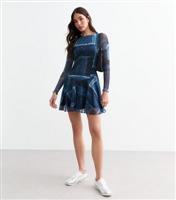 Women's Blue Denim Print Tie Back Mesh Mini Dress New Look