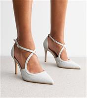 Women's Wide Fit Silver Crossover Strap Stiletto Heel Court Shoes Vegan New Look