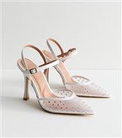 Women's White Diamant Mesh Stiletto Heel Sandals Vegan New Look