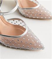 Women's Silver Diamant Mesh Stiletto Heel Sandals Vegan New Look