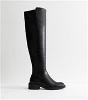 Women's Black Contrast Panel Faux Leather Over The Knee Boots New Look