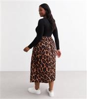 Women's Plus Size Black Leopard Print Long Sleeve Mix Midi Dress Curves New Look