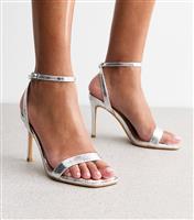 Women's Silver Textured Faux Leather Stiletto Sandals Vegan New Look