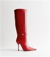 Women's Red Faux Leather Stiletto Heel Knee High Boots Vegan New Look