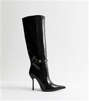 Women's Black Patent Stiletto Heel Knee High Boots Vegan New Look