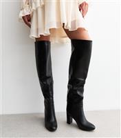 Women's Black Faux Leather Heeled Knee High Boots New Look