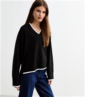 Women's Black Contrast Tipping V-Neck Jumper New Look