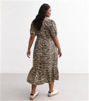 Women's Plus Size Brown Zebra Print Short Sleeved Midi Dress Curves New Look