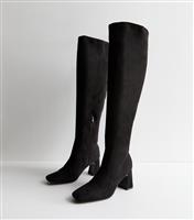 Women's Wide Fit Black Suedette Block Heel Knee High Boots Vegan New Look