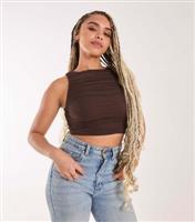 Women's Dark Brown Ruched Mesh Top Pink Vanilla New Look
