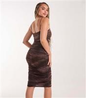 Women's Brown Patterned Stretch Mesh Midi Dress Pink Vanilla New Look